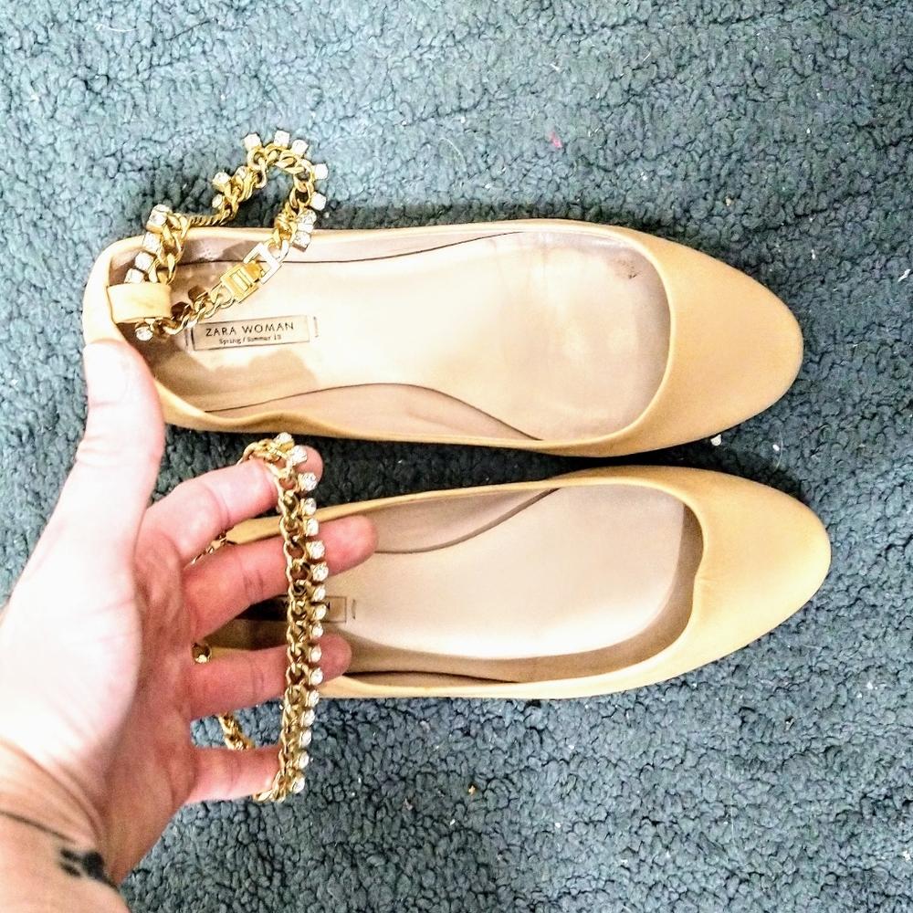 Zara tan flats with diamond anklet size 7
